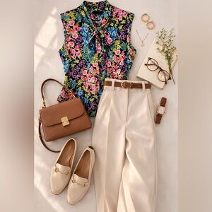 Tahari Pink Blue sleeveless Blouse Floral Pattern Mandarin Collar medium top